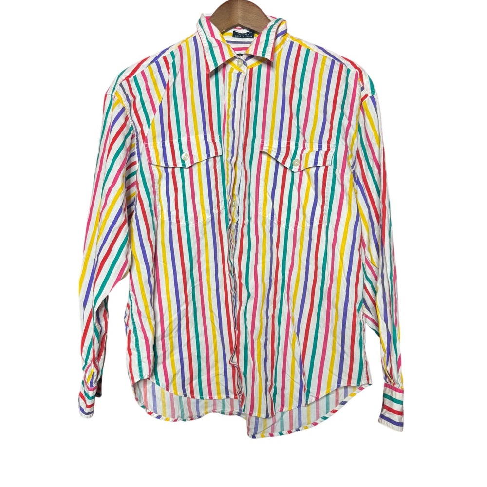 Vintage Lee Women Large Rainbow Striped Button Down Shirt MultiColor Cotton